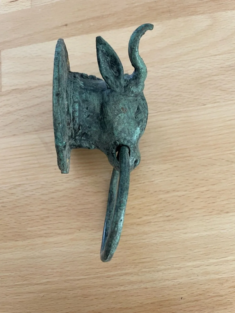 Antique-Style Bull Head Wall Ring - Green Patina